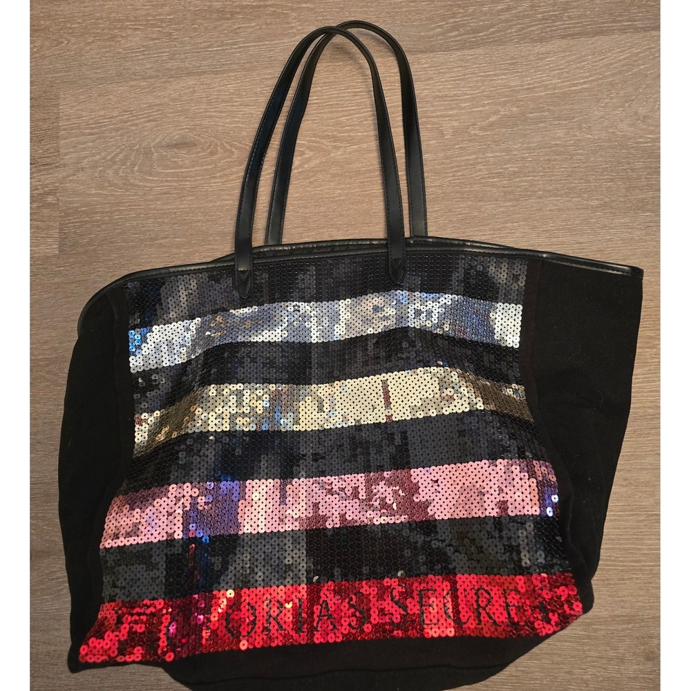 Victoria Secret Tote Bag Sequins Black Red Pink Silver Gold Stripes Large Travel